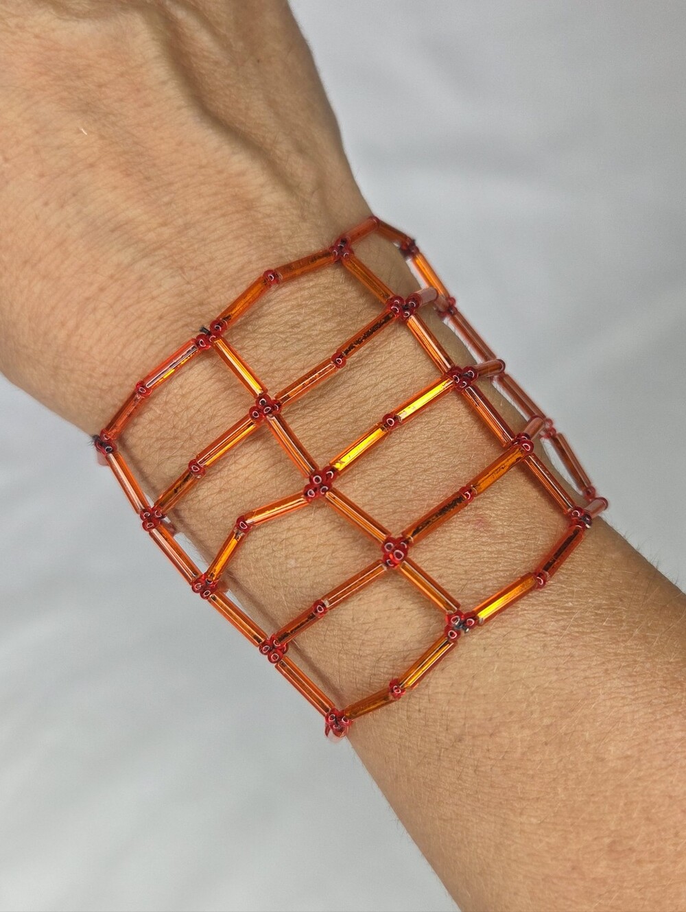 Handcrafted Orange Beaded Lattice Stretch Cuff Bracelet